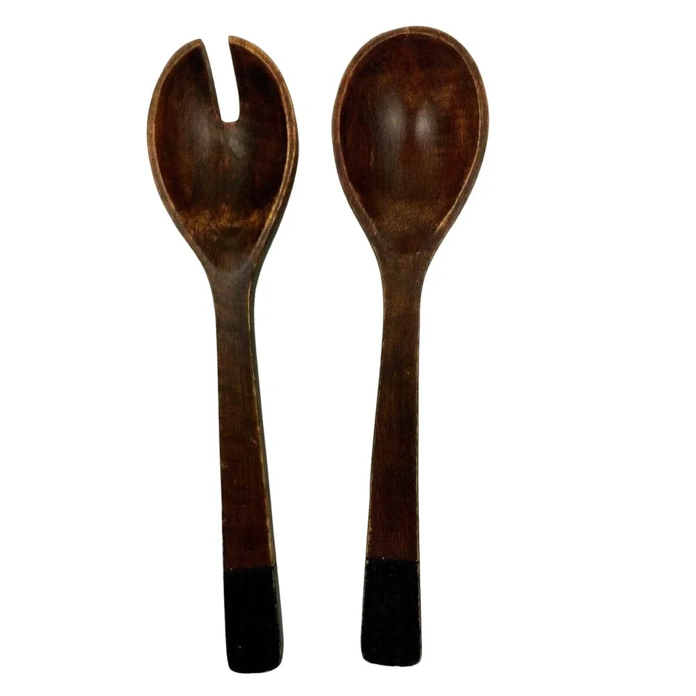 Hand Carved Wood Salad Serving Spoon Fork Set 13